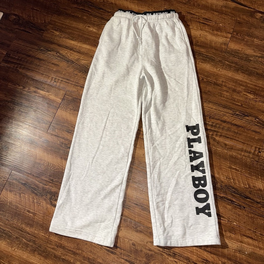 Playboy Unisex Light Grey Wide Leg Logo Sweatpants Women's Small